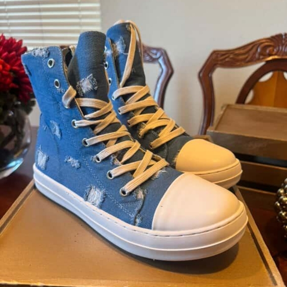 Shoes - Blue High-Top Sneakers with White Accents
